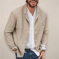 Men's Three-Button Blazer - Notch Lapel - Patch Pocket - Khaki, worn open over a shirt