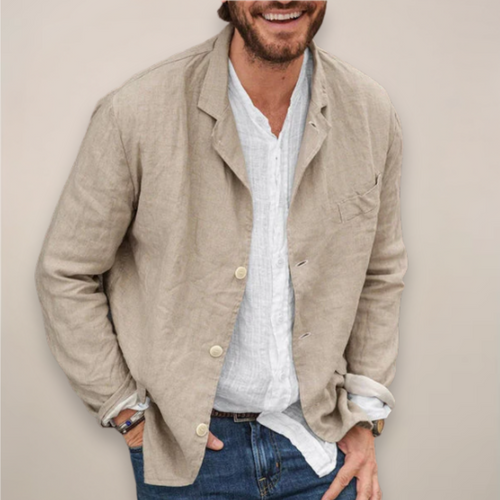 Men's Three-Button Blazer - Notch Lapel - Patch Pocket - Khaki, worn open over a shirt