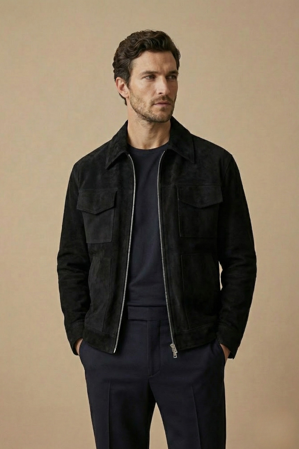 Men's Zip-Up Jacket - Point Collar - Flap Chest Pockets - Black, front view on model