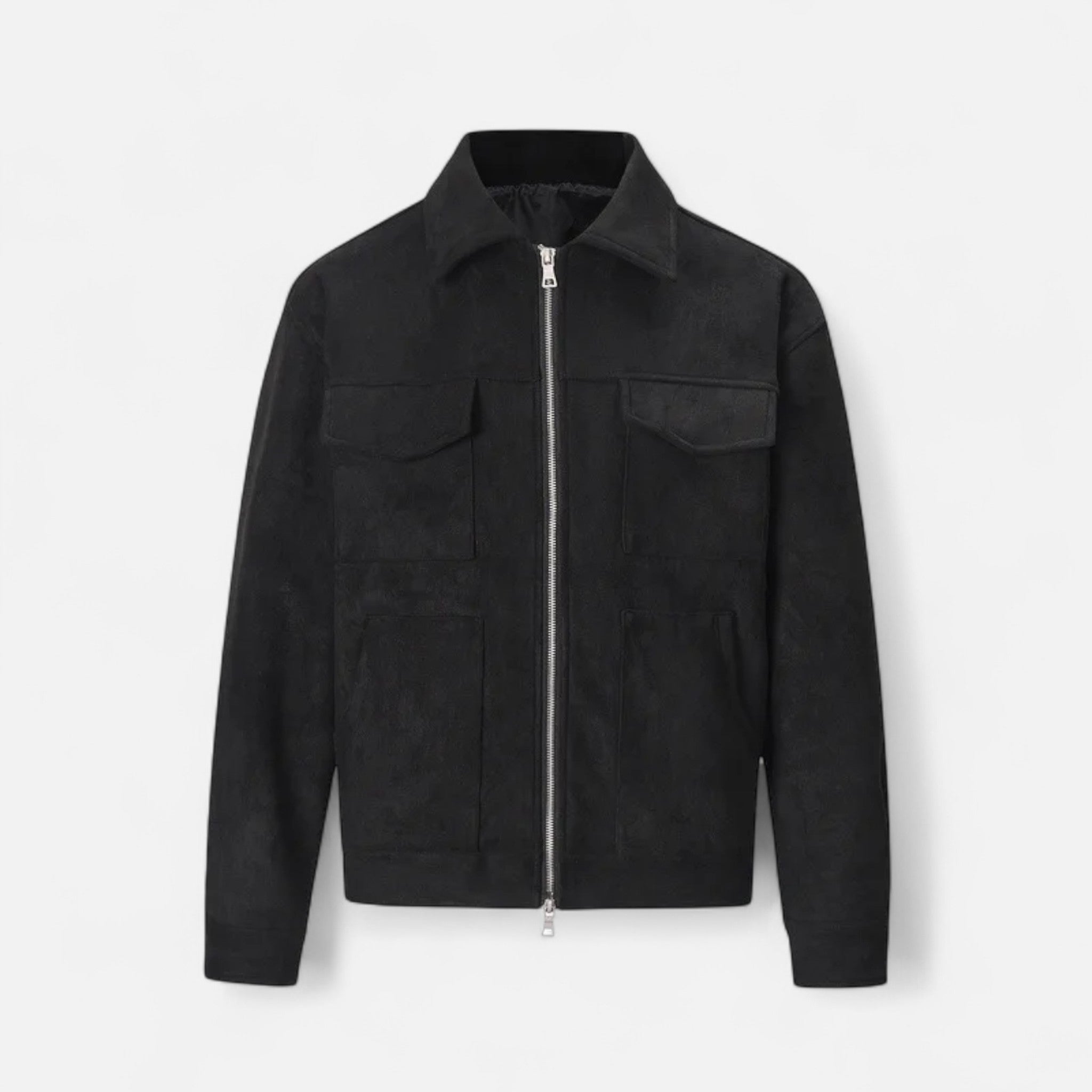 Men's Zip-Up Jacket - Point Collar - Flap Chest Pockets - Black, front product shot