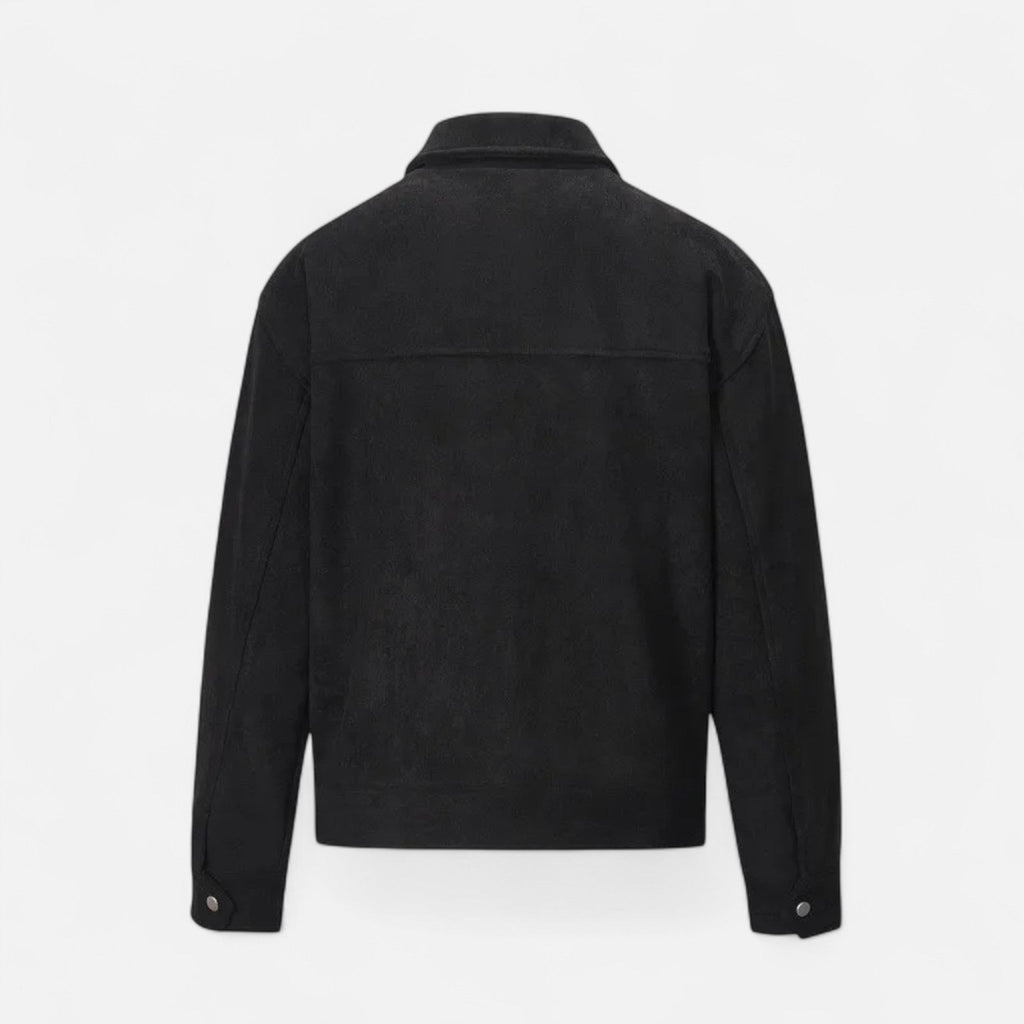 Men's Zip-Up Jacket - Point Collar - Flap Chest Pockets - Black, back product shot