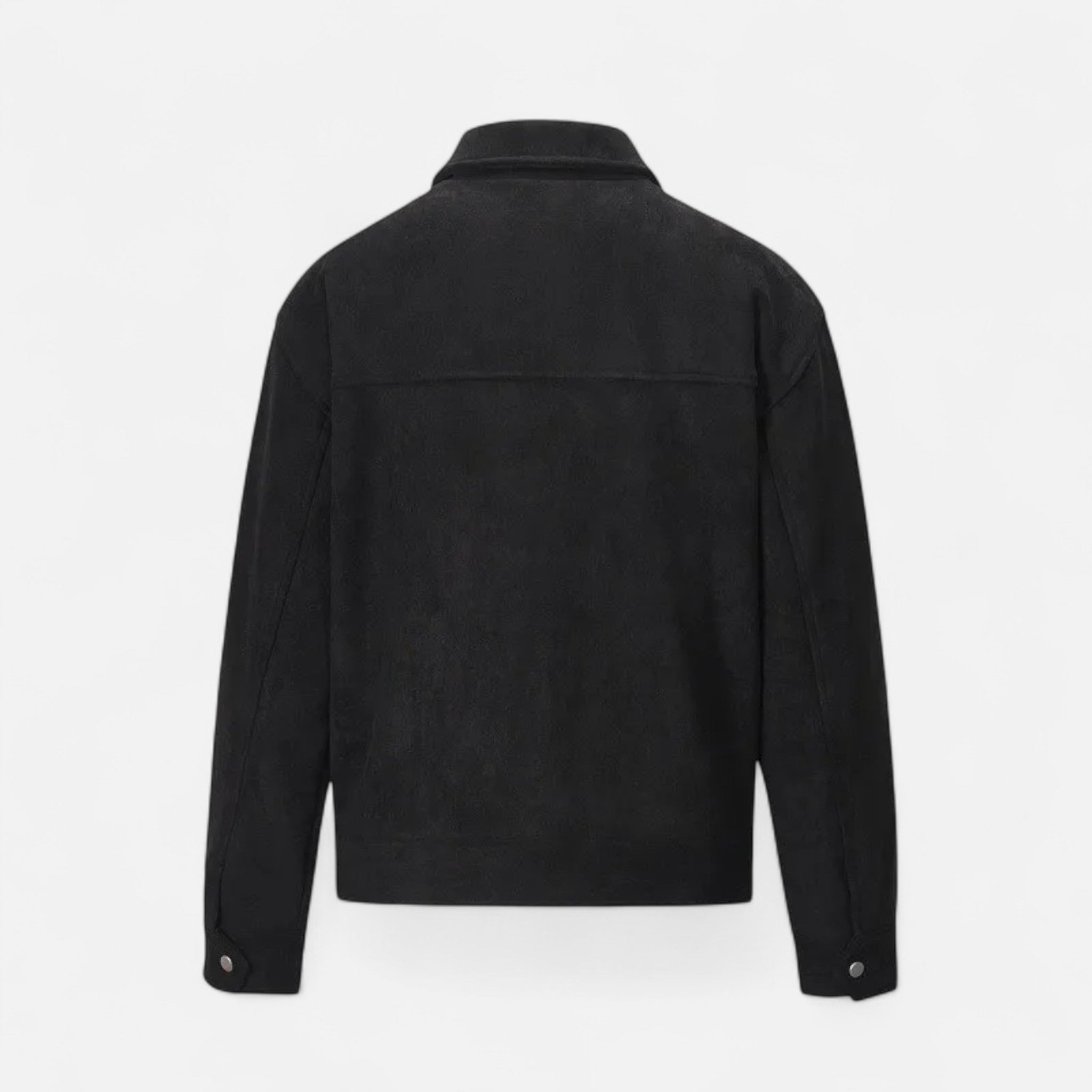 Men's Zip-Up Jacket - Point Collar - Flap Chest Pockets - Black, back product shot