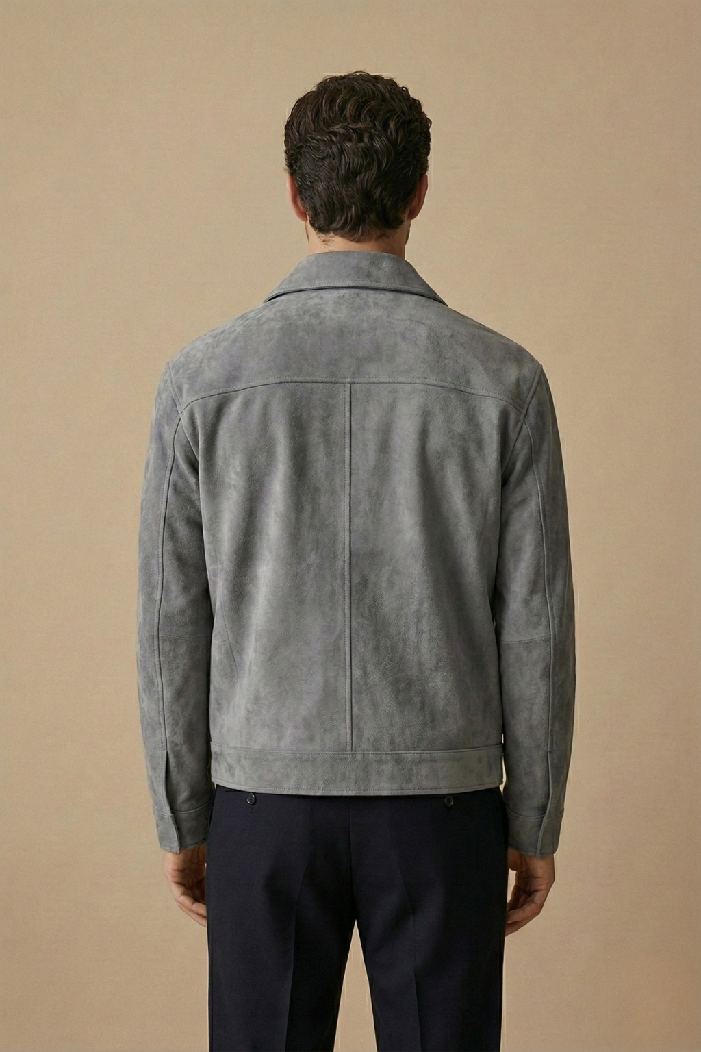 Men's Zip-Up Jacket - Point Collar - Flap Chest Pockets - Grey, back view on model