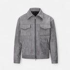 Men's Zip-Up Jacket - Point Collar - Flap Chest Pockets - Grey, front product shot