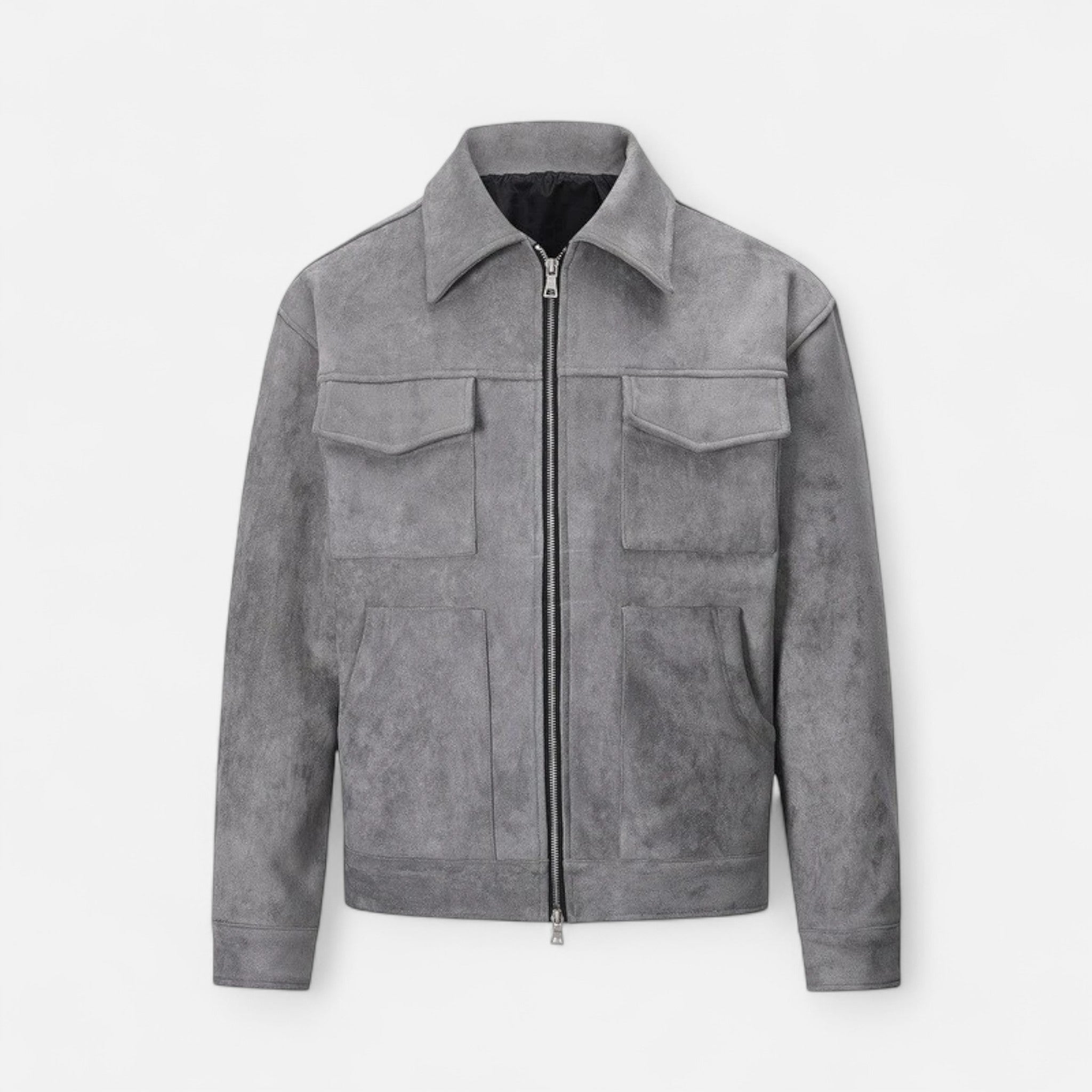 Men's Zip-Up Jacket - Point Collar - Flap Chest Pockets - Grey, front product shot