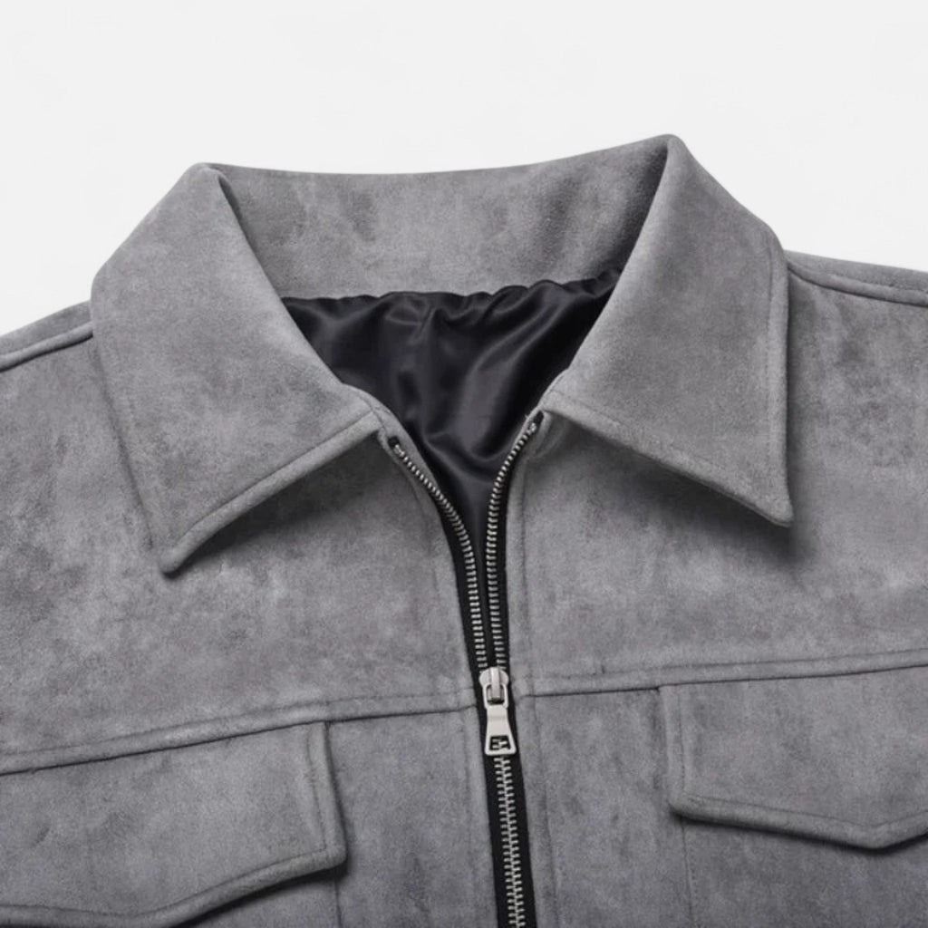 Men's Zip-Up Jacket - Point Collar - Flap Chest Pockets - Grey, collar and lining detail