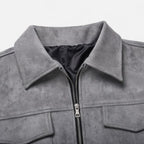 Men's Zip-Up Jacket - Point Collar - Flap Chest Pockets - Grey, collar and lining detail