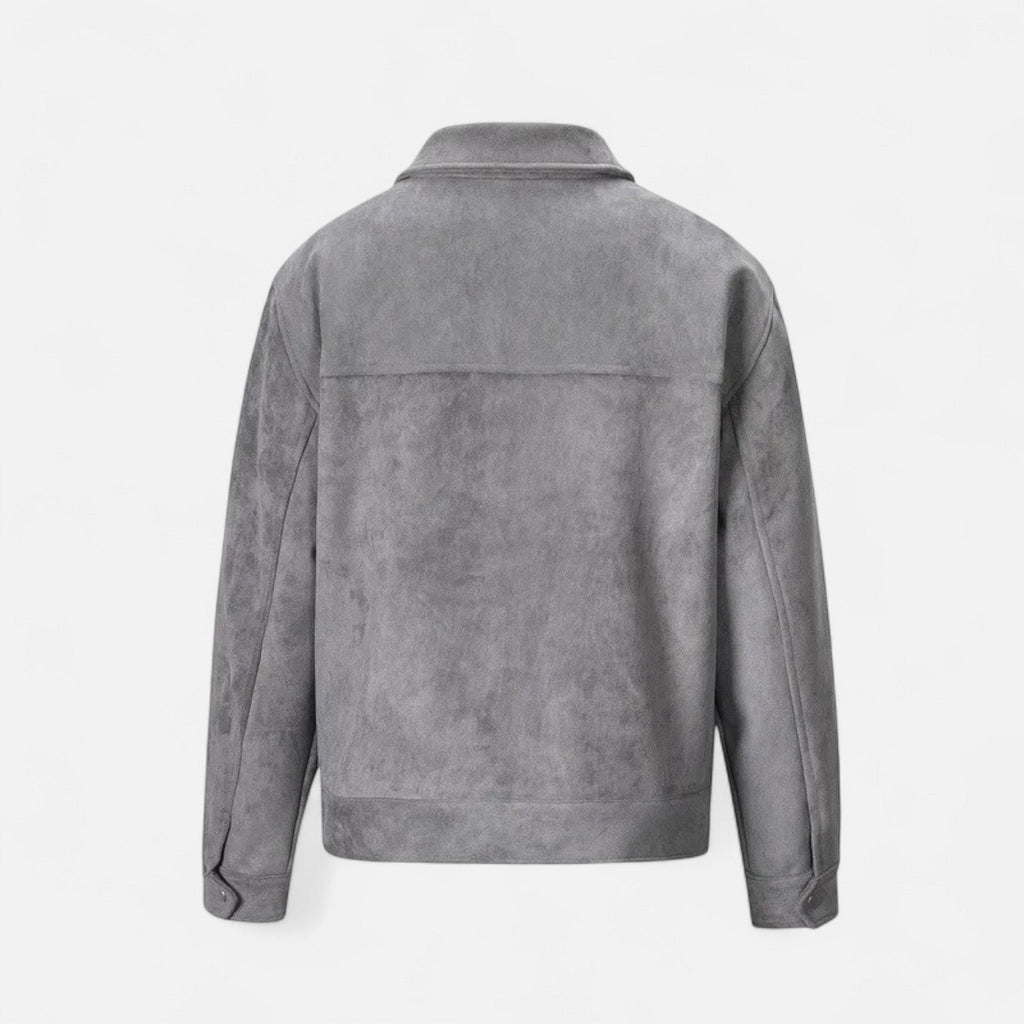 Men's Zip-Up Jacket - Point Collar - Flap Chest Pockets - Grey, back product shot