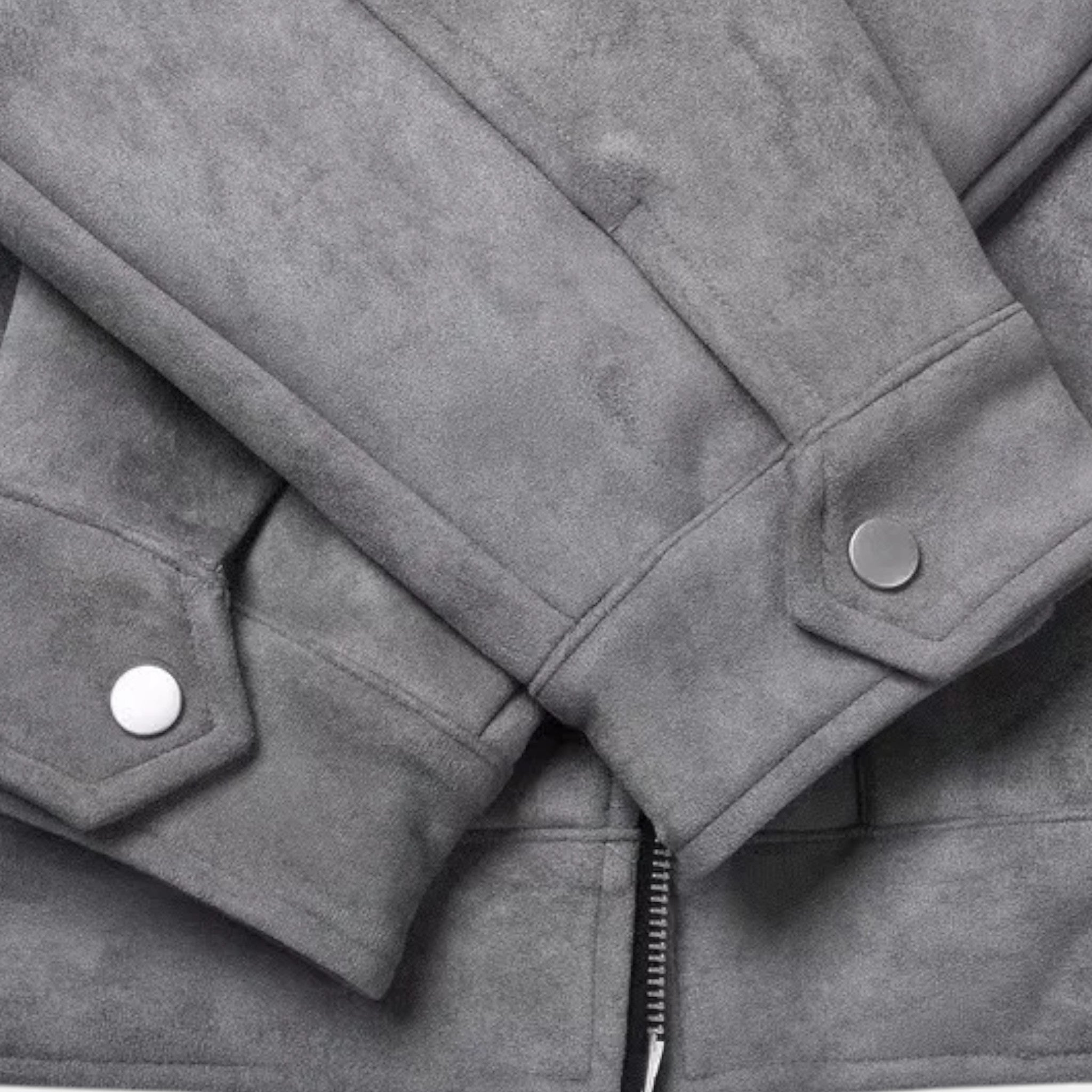 Men's Zip-Up Jacket - Point Collar - Flap Chest Pockets - Grey, flap pocket and press-stud close-up