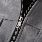 Men's Zip-Up Jacket - Point Collar - Flap Chest Pockets - Grey, front zip close-up