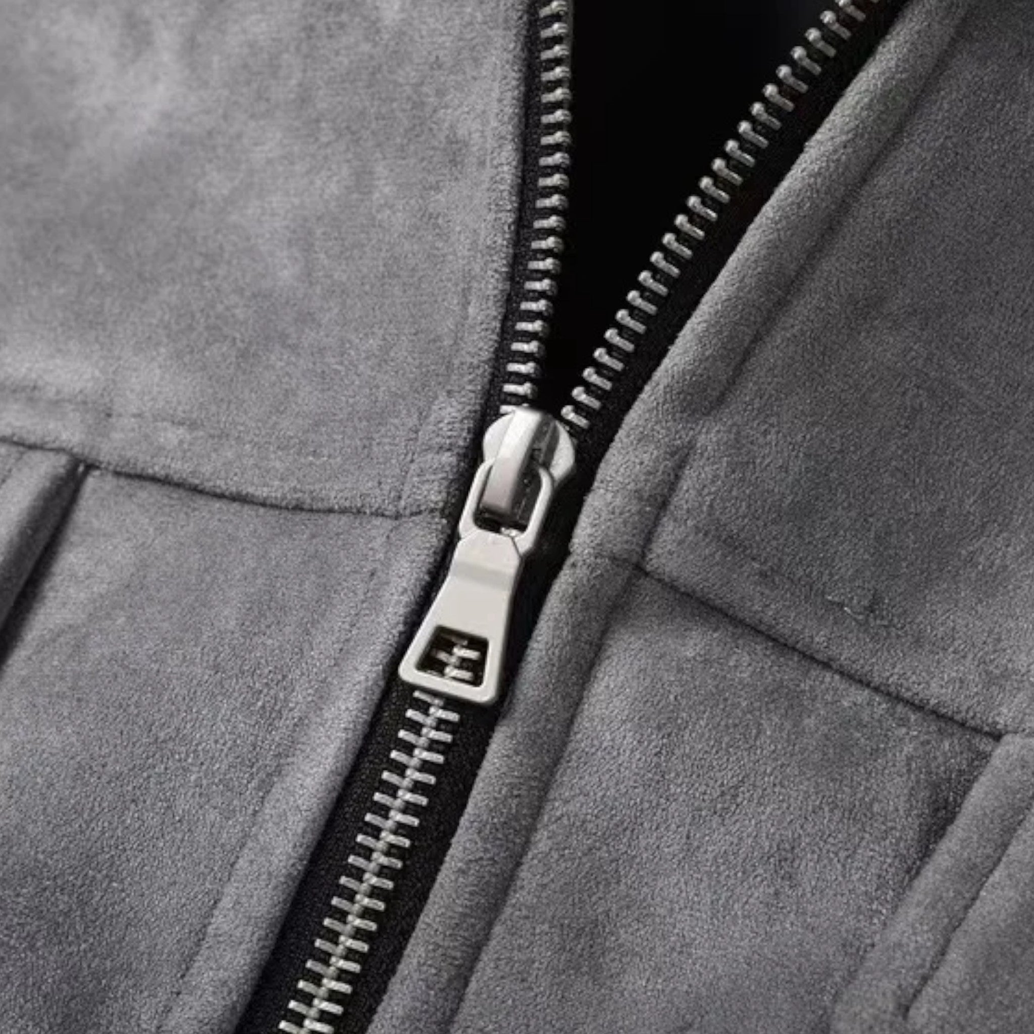 Men's Zip-Up Jacket - Point Collar - Flap Chest Pockets - Grey, front zip close-up