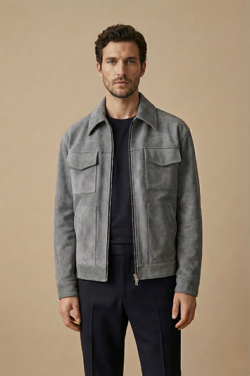 Men's Zip-Up Jacket - Point Collar - Flap Chest Pockets - Grey, front view on model
