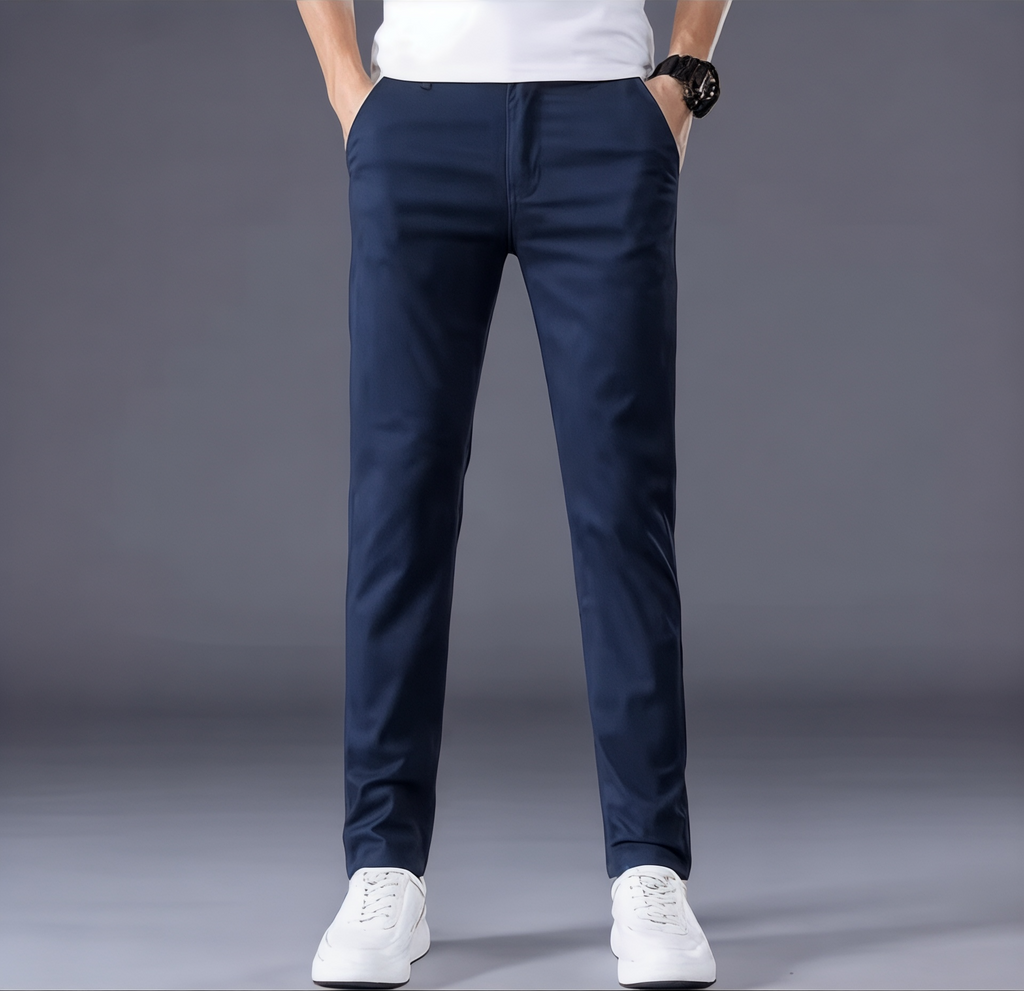 Men's Slim Fit Flat-Front Straight-Leg Trousers - Navy Blue, front view