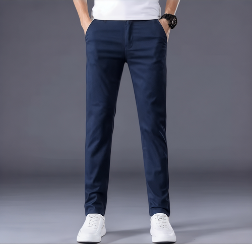 Men's Slim Fit Flat-Front Straight-Leg Trousers - Navy Blue, front view