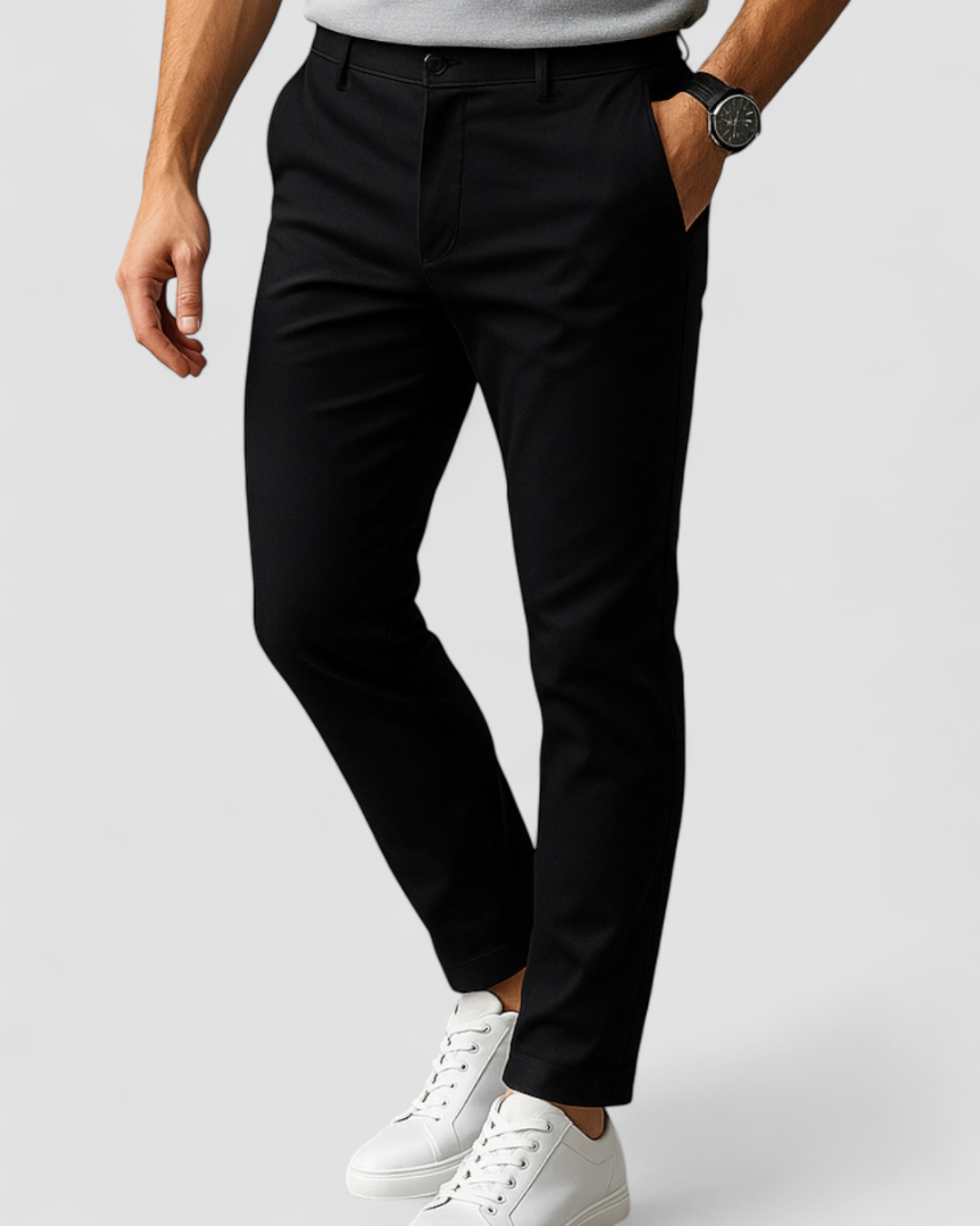 Men's Slim Fit Flat-Front Straight-Leg Trousers - Black, walking pose