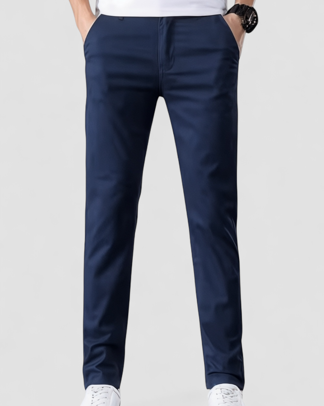Men's Slim Fit Flat-Front Straight-Leg Trousers - Navy Blue, side view