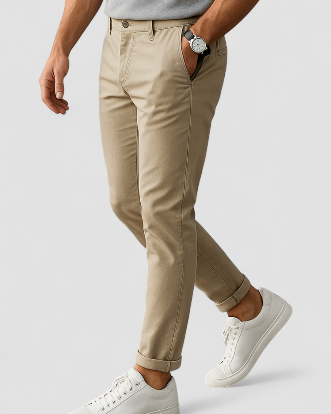 Men's Slim Fit Flat-Front Straight-Leg Trousers - Beige, turned-up cuff