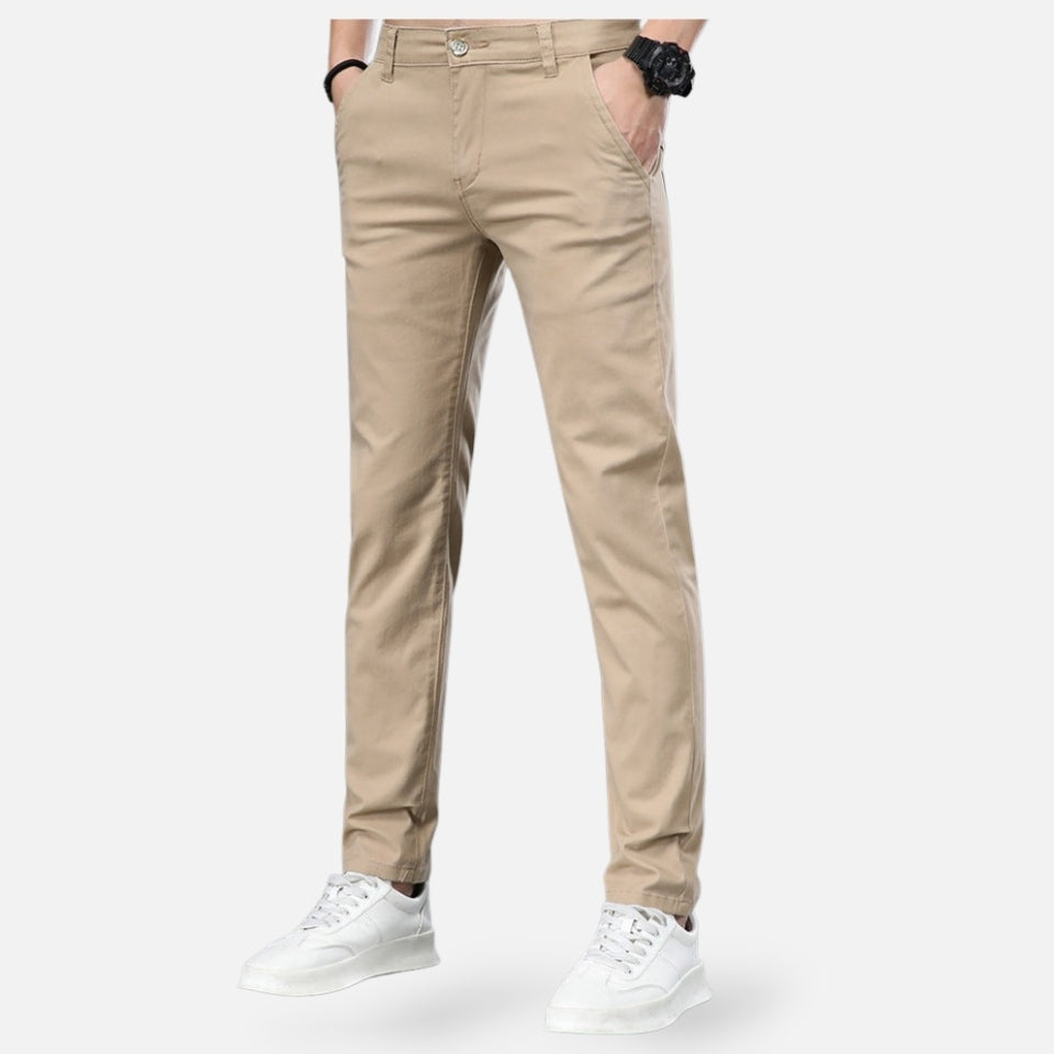 Men's Slim Fit Flat-Front Straight-Leg Trousers - Beige, front view