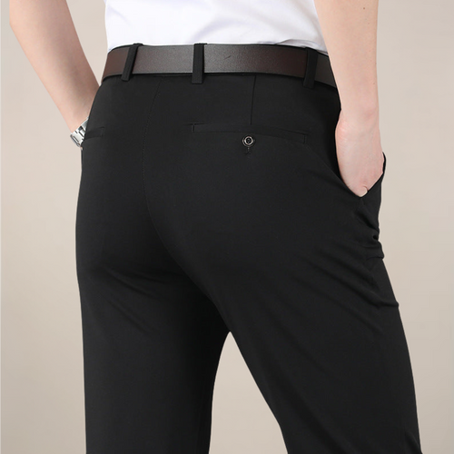 Men's Slim Fit Stretch Trousers - Buttoned Back Pocket - Black, back view