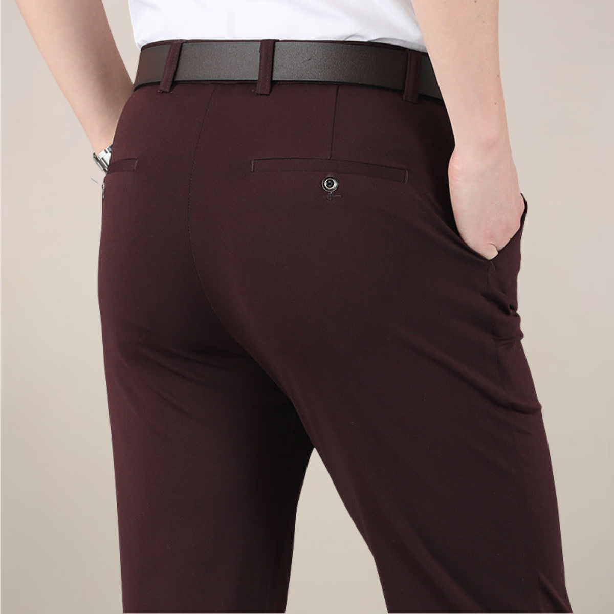 Men's Slim Fit Stretch Trousers - Buttoned Back Pocket - Wine Red, back view