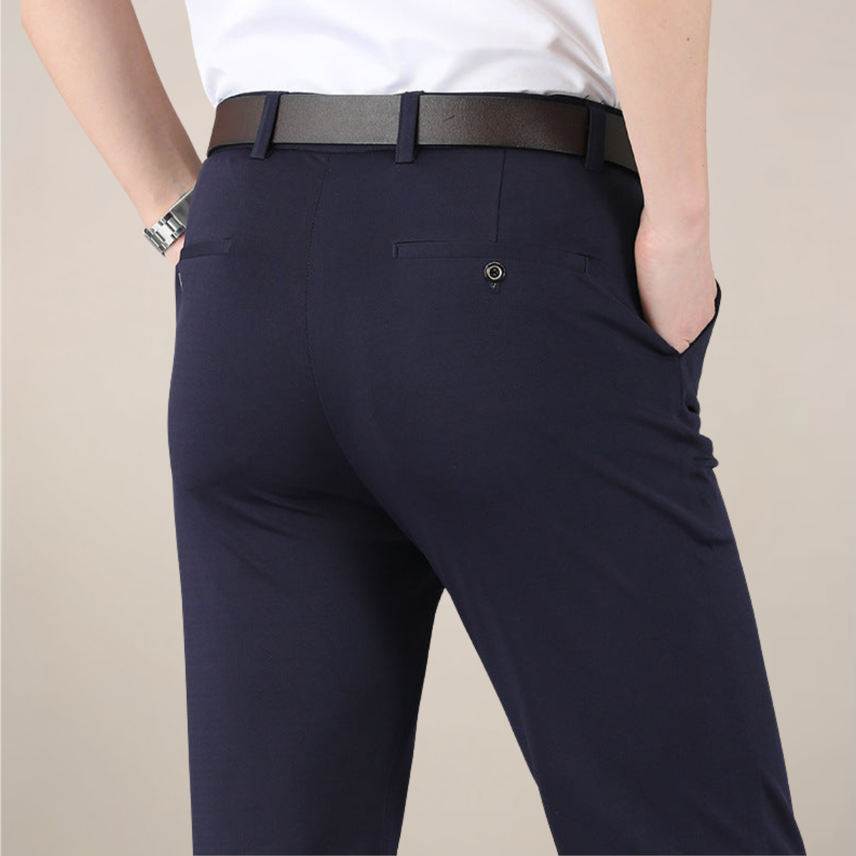 Men's Slim Fit Stretch Trousers - Buttoned Back Pocket - Navy Blue, back view