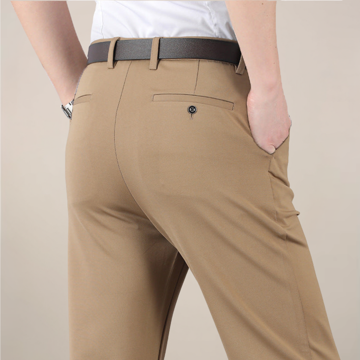 Men's Slim Fit Stretch Trousers - Buttoned Back Pocket - Khaki, back view