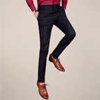 Men's Slim Fit Stretch Trousers - Buttoned Back Pocket - Black, styled with red shirt