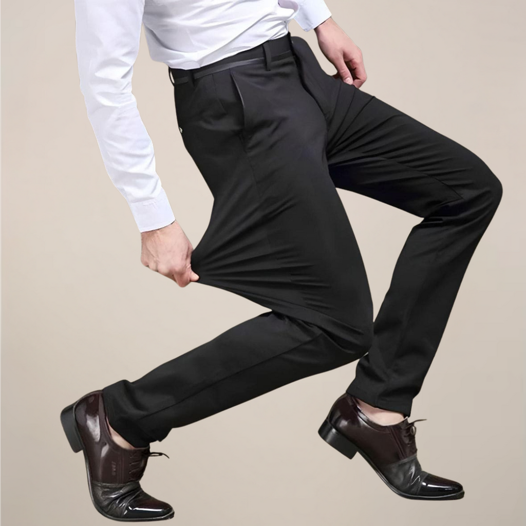 Men's Slim Fit Stretch Trousers - Buttoned Back Pocket - Black, stretch demonstration