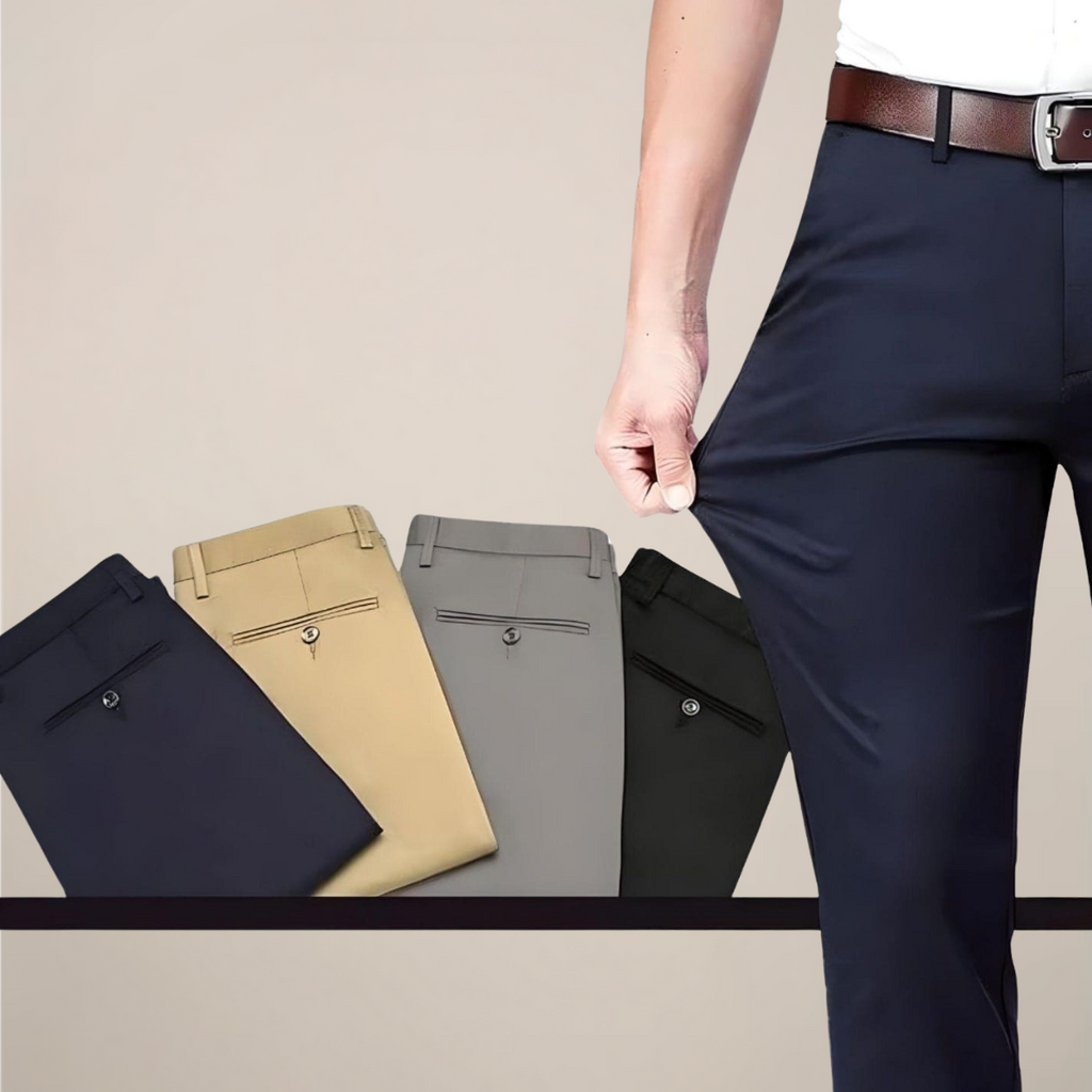 Men's Slim Fit Stretch Trousers - Buttoned Back Pocket - colour range and stretch detail