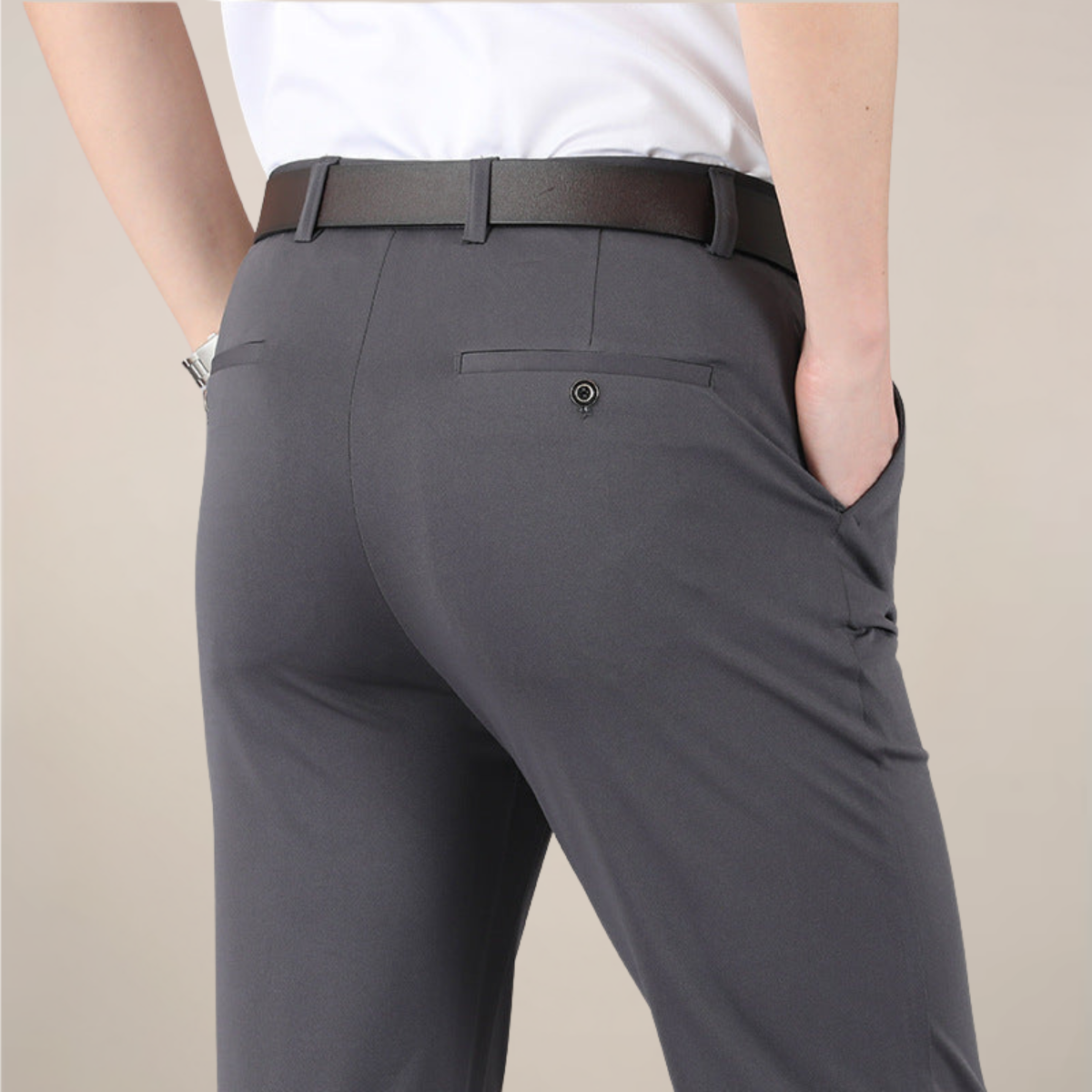 Men's Slim Fit Stretch Trousers - Buttoned Back Pocket - Grey, back view