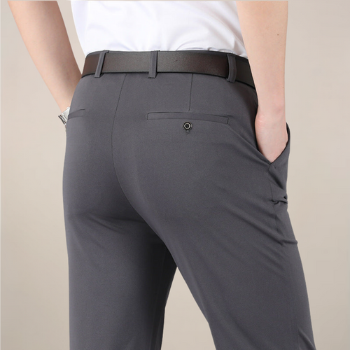 Men's Slim Fit Stretch Trousers - Buttoned Back Pocket - Grey, back view