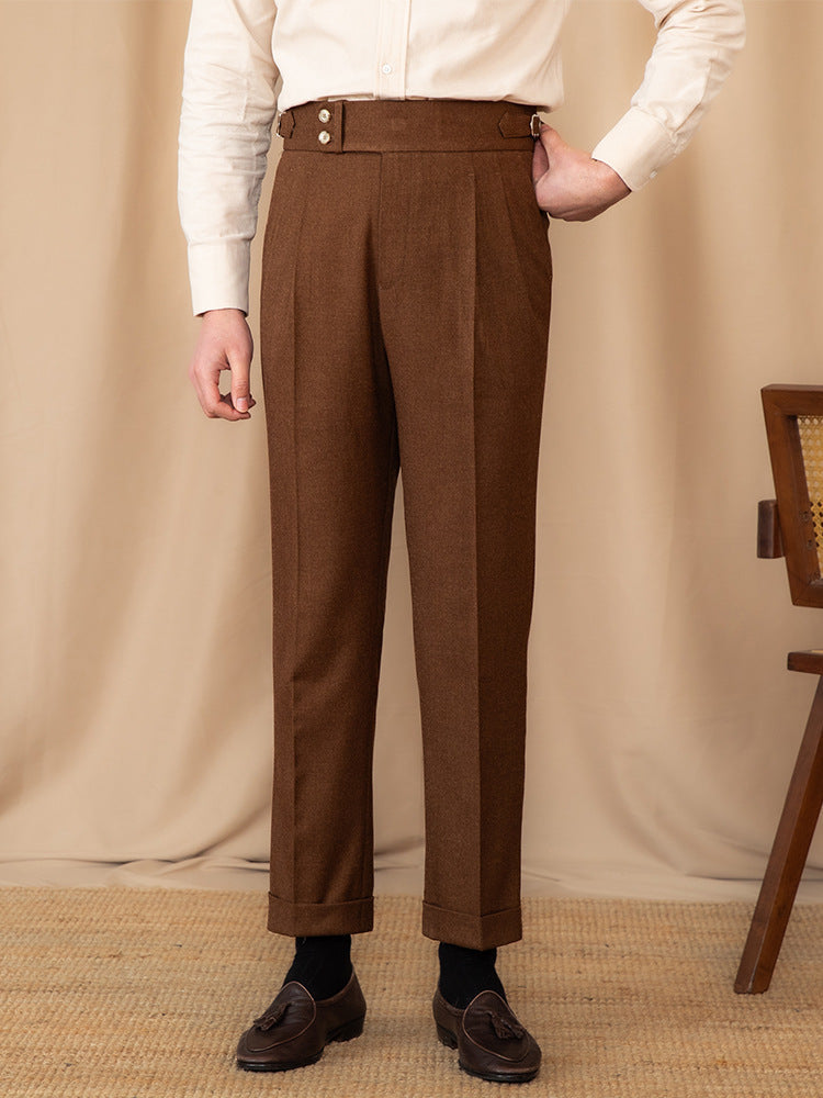 Men's High-Rise Pleated Trousers - Brown