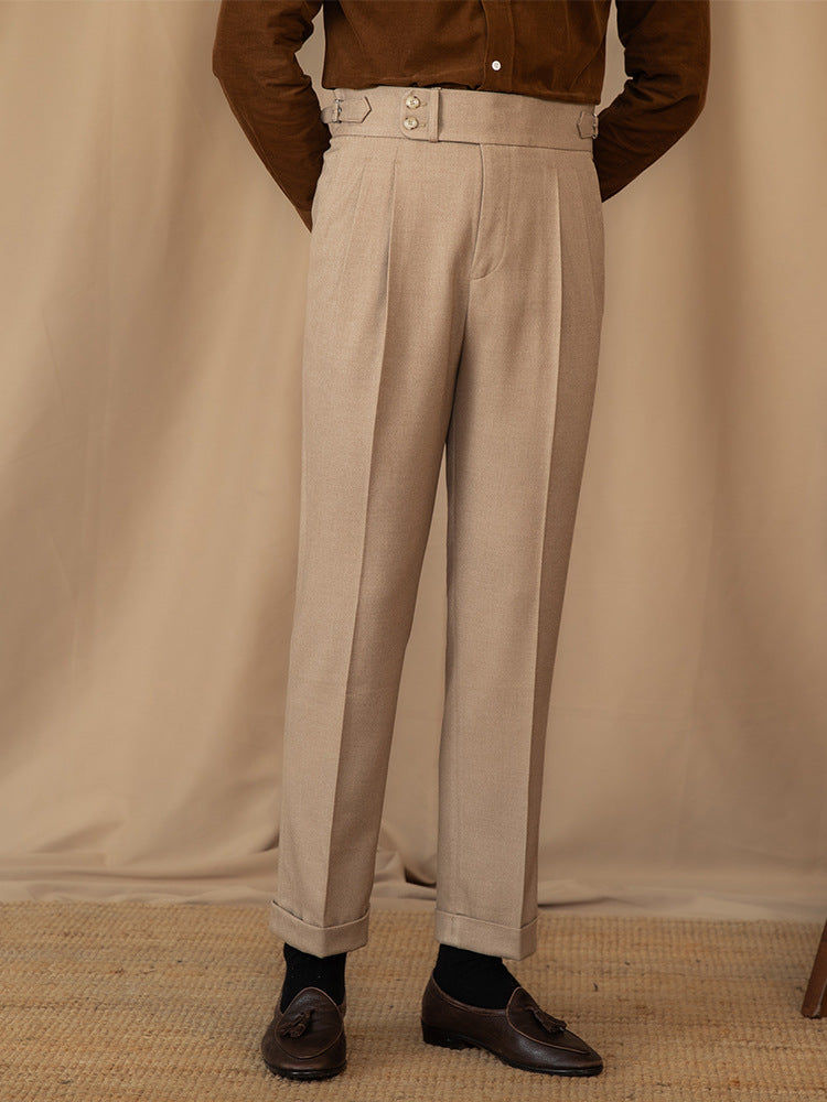 Men's High-Rise Pleated Trousers - Beige