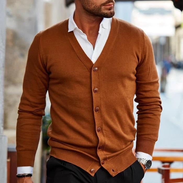 Men's V-Neck Button-Up Cardigan with Front Pockets - Brown, worn over a shirt