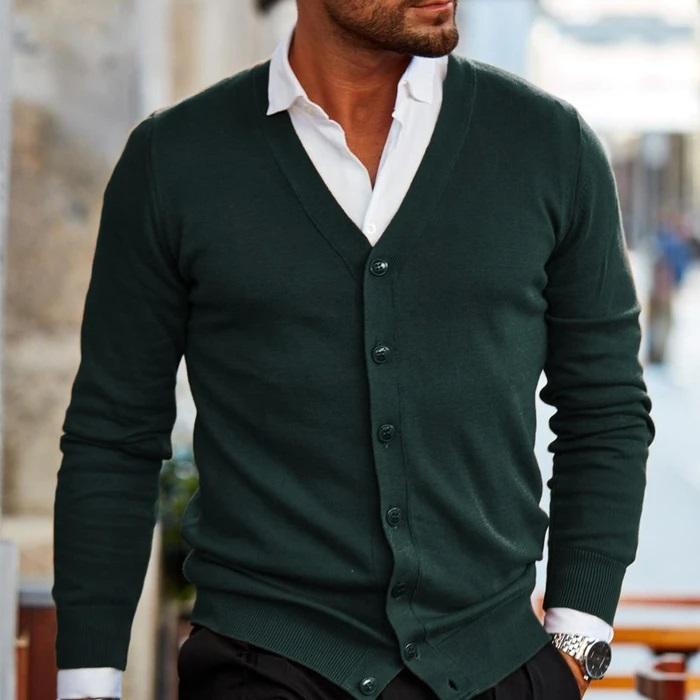 Men's V-Neck Button-Up Cardigan with Front Pockets - Dark Green, worn over a shirt