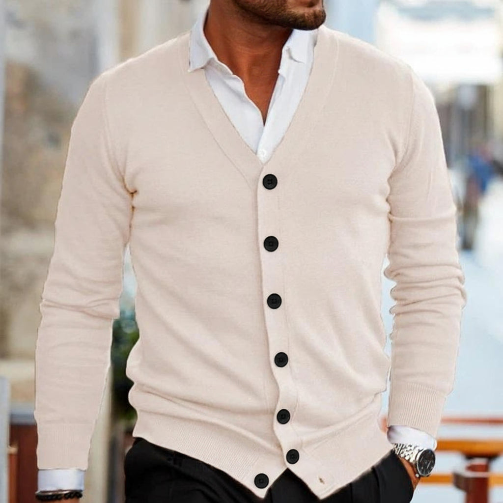 Men's V-Neck Button-Up Cardigan with Front Pockets - Cream, worn over a shirt