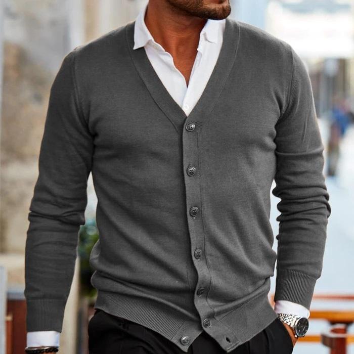 Men's V-Neck Button-Up Cardigan with Front Pockets - Dark Grey, worn over a shirt