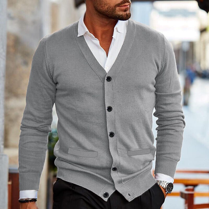 Men's V-Neck Button-Up Cardigan with Front Pockets - Light Grey, front welt pockets visible