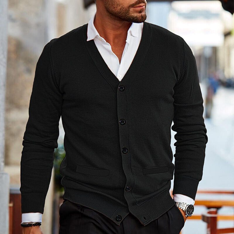 Men's V-Neck Button-Up Cardigan with Front Pockets - Black, front welt pockets visible