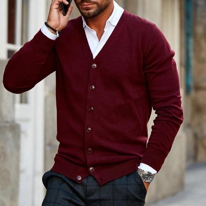 Men's V-Neck Button-Up Cardigan with Front Pockets - Red, worn over a shirt