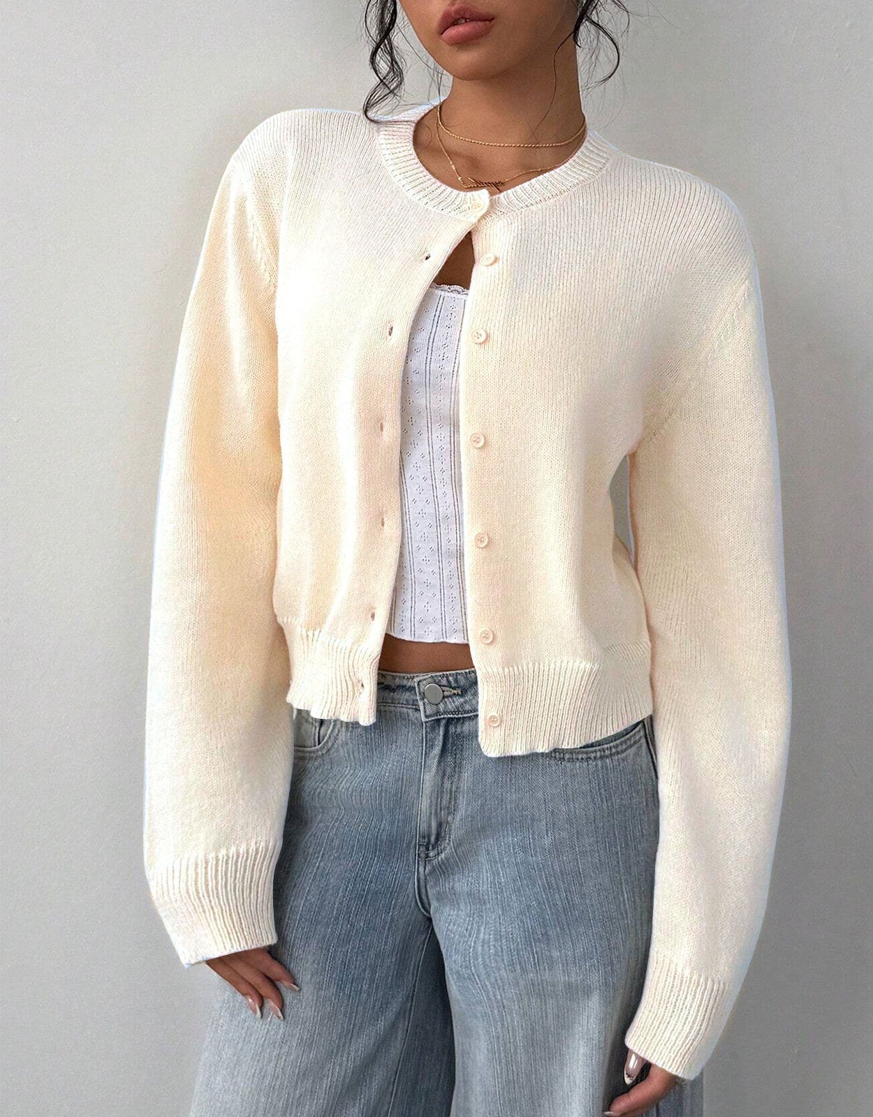 Women's Cropped Cardigan - Round Neck Button-Up Knit - Apricot