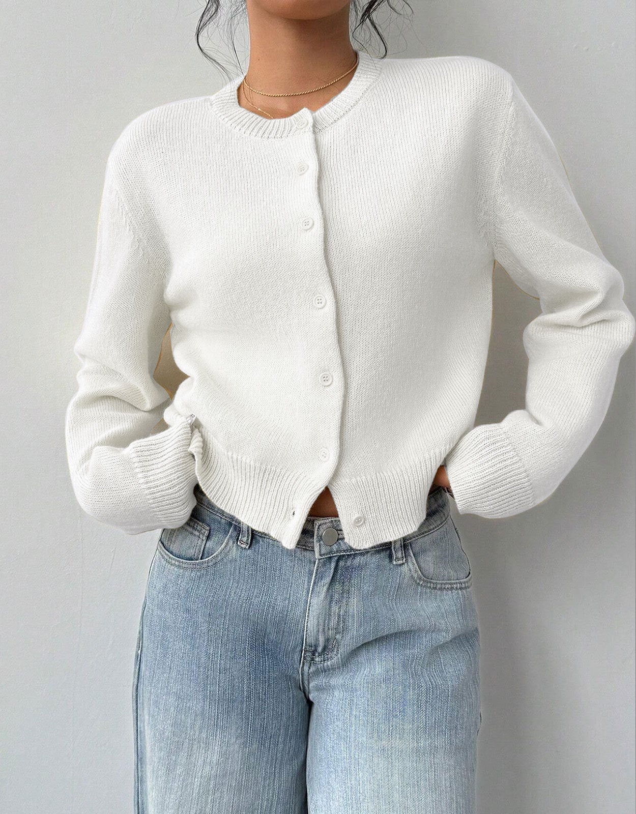 Women's Cropped Cardigan - Round Neck Button-Up Knit - Beige