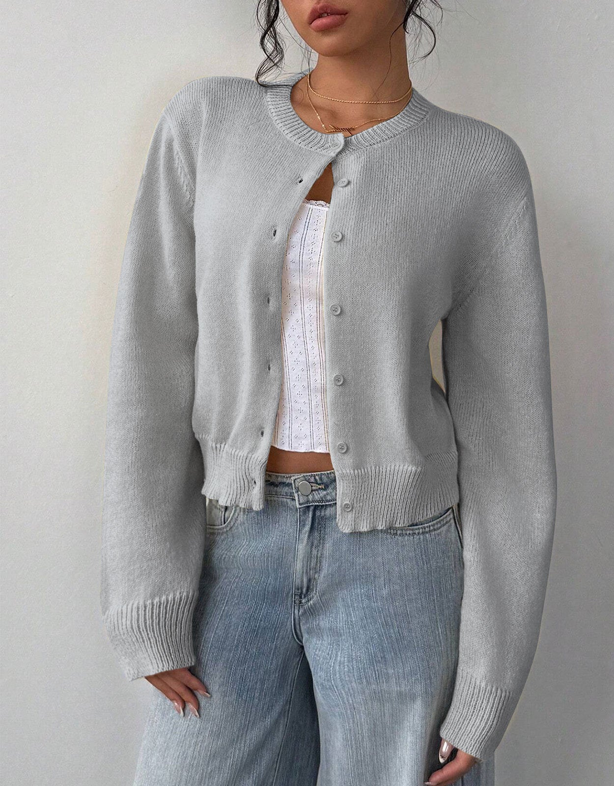 Women's Cropped Cardigan - Round Neck Button-Up Knit - Grey