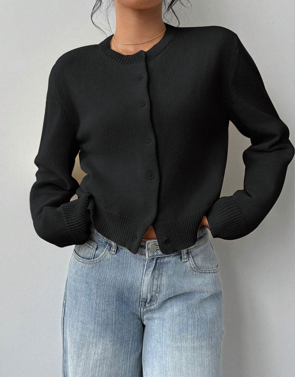 Women's Cropped Cardigan - Round Neck Button-Up Knit - Black