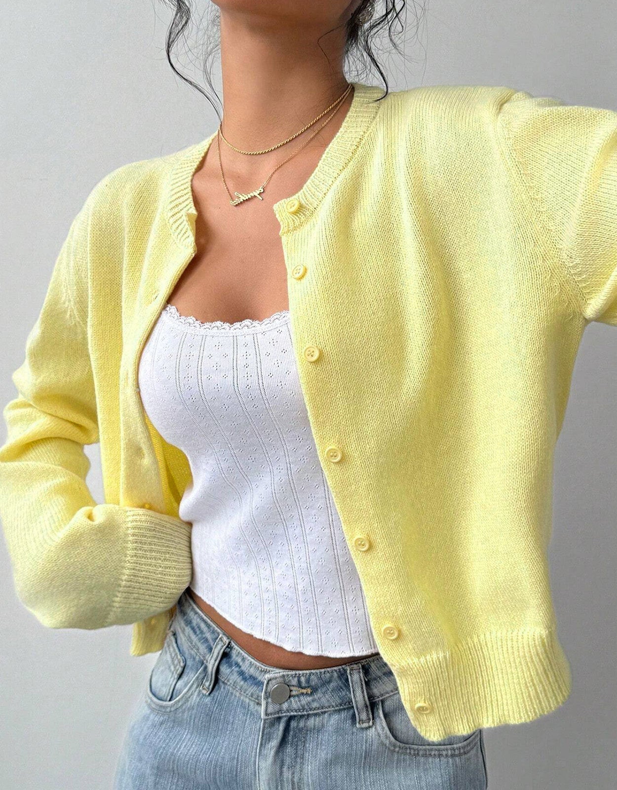 Women's Cropped Cardigan - Round Neck Button-Up Knit - Yellow