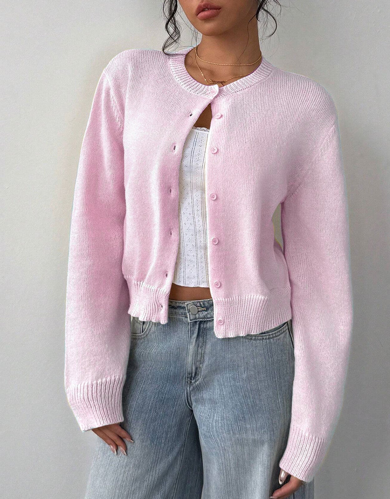 Women's Cropped Cardigan - Round Neck Button-Up Knit - Pink