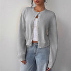 Women's Cropped Cardigan - Round Neck Button-Up Knit - Grey
