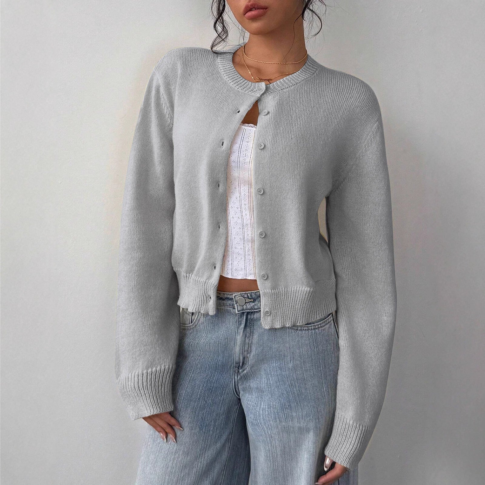 Women's Cropped Cardigan - Round Neck Button-Up Knit - Grey
