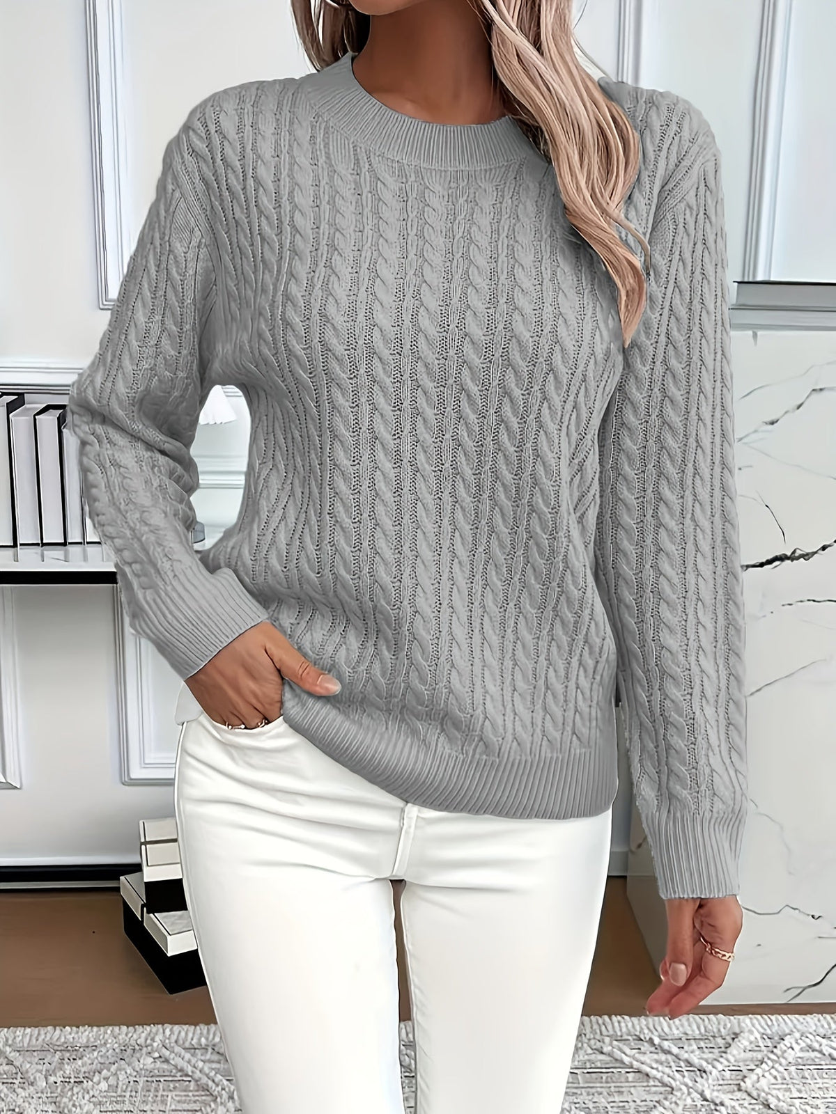 Women's Oversized Cable Knit Jumper - Grey, front view