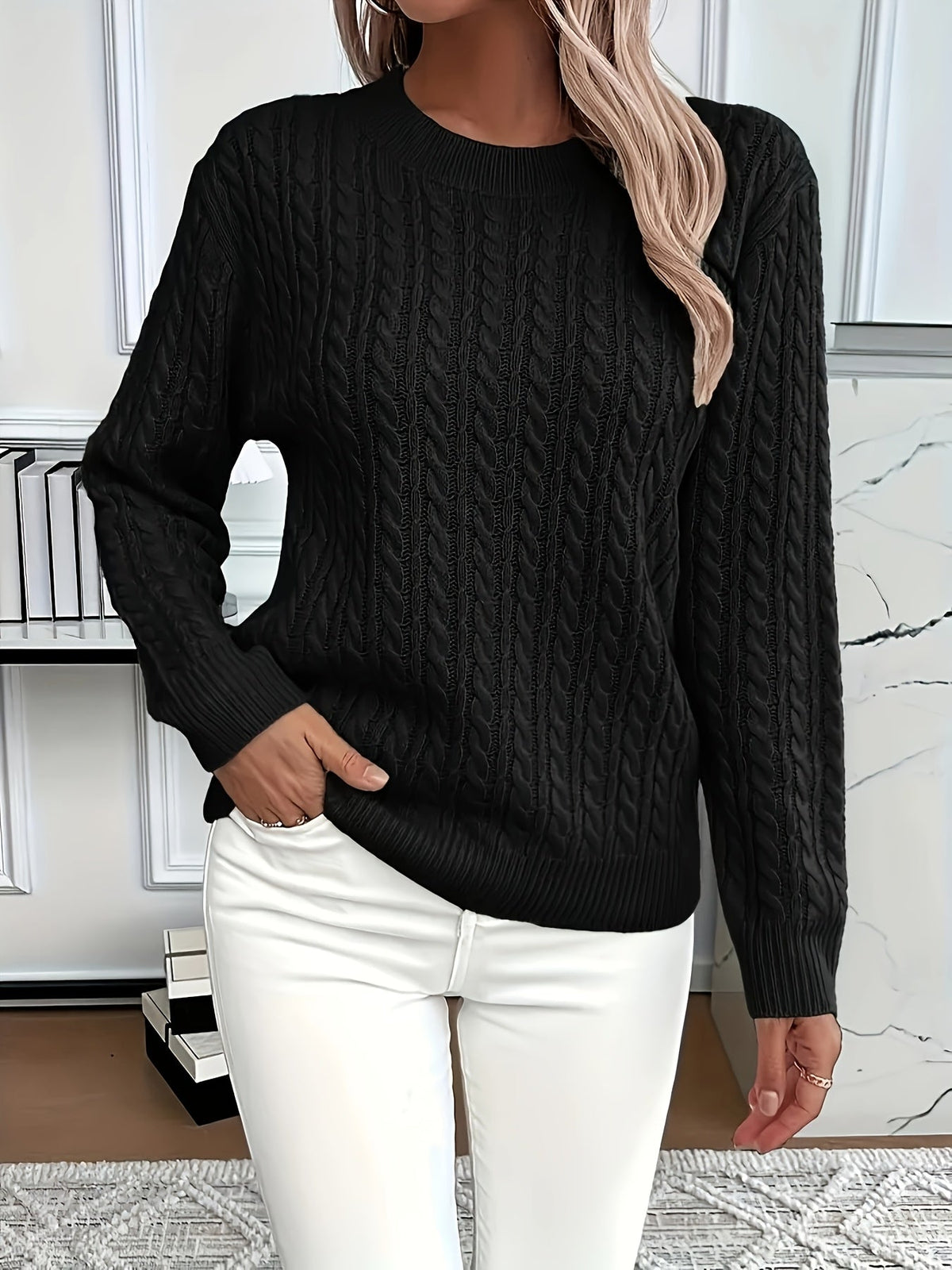Women's Oversized Cable Knit Jumper - Black, front view